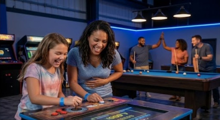 Family playing retro emulation and billiards